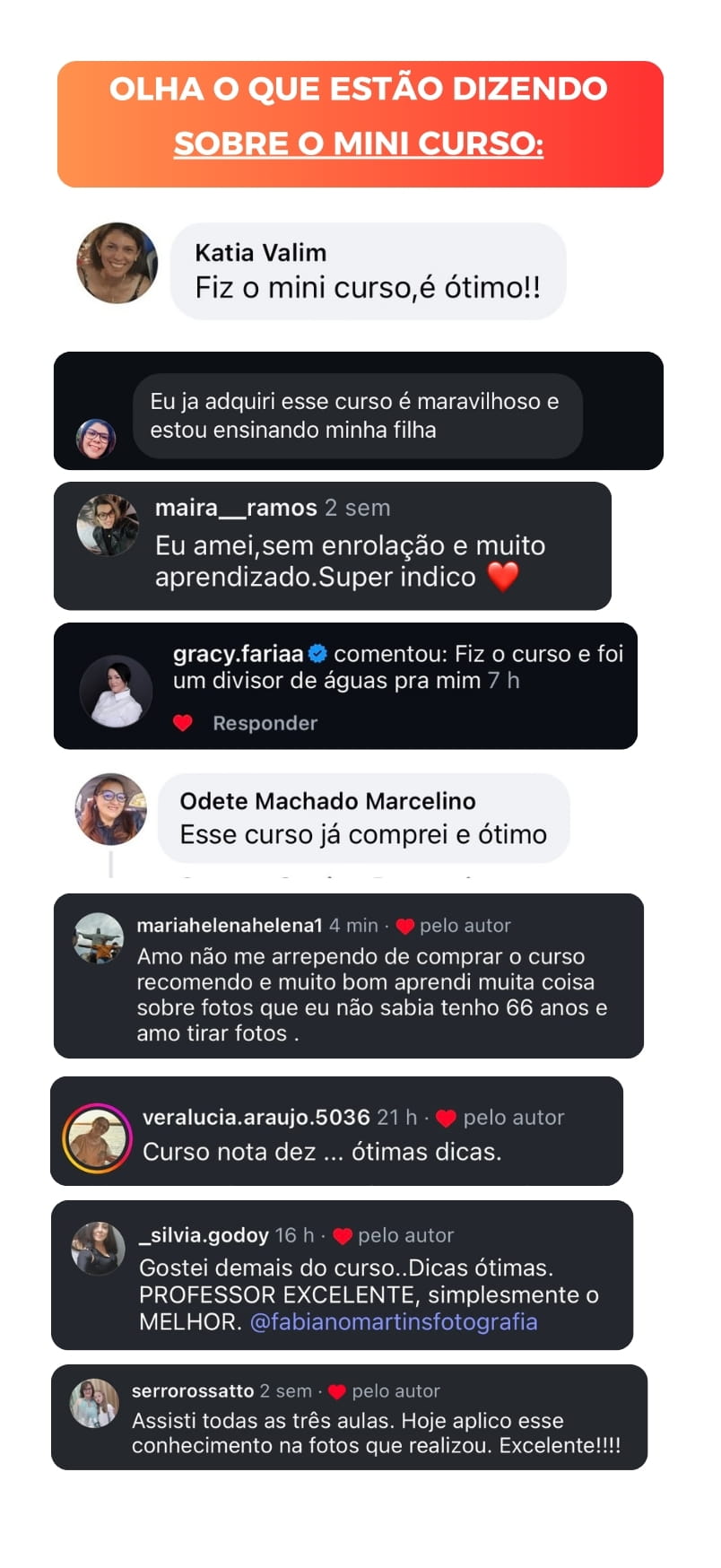 Depoimentos dos alunos - Quem já fez, aprova o Mini Curso